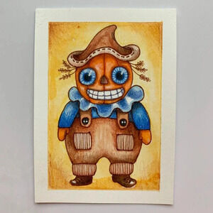 OOAK Vintage Halloween Pumpkin Scarecrow ACEO ATC Original Art Card